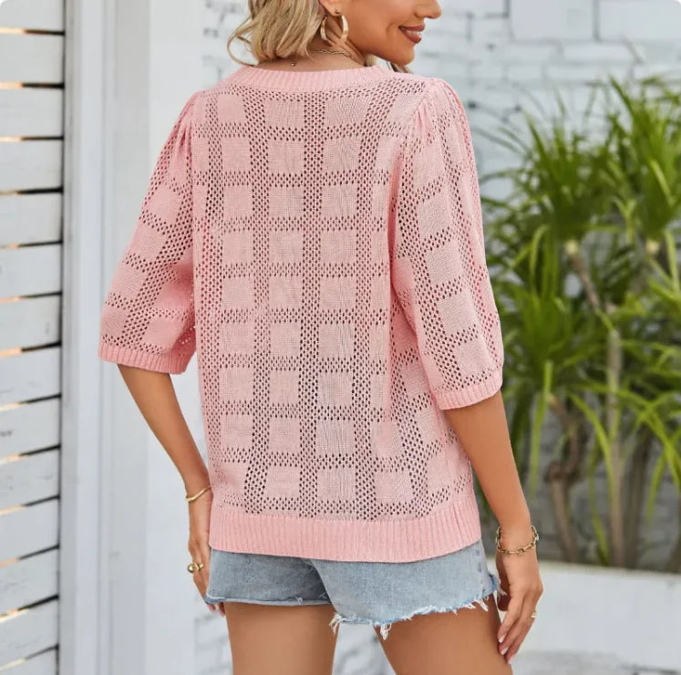 Women's Round Neck Hollowed Out Sun Protection Shirt Knitted Sweater Cover Up