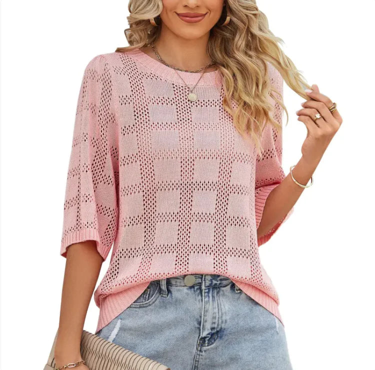 Women's Round Neck Hollowed Out Sun Protection Shirt Knitted Sweater Cover Up