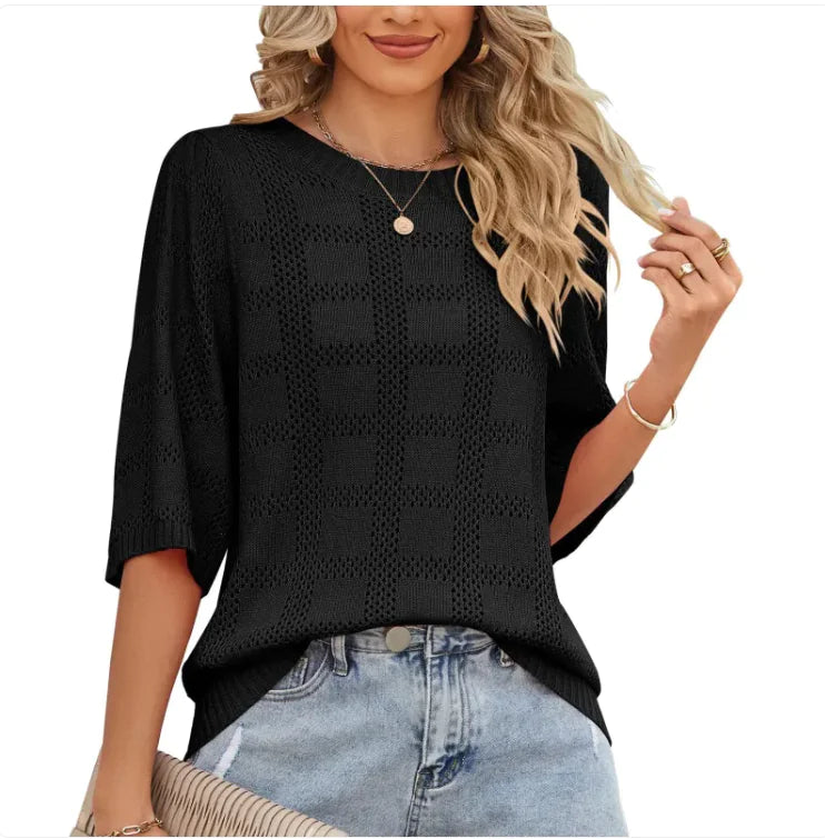 Women's Round Neck Hollowed Out Sun Protection Shirt Knitted Sweater Cover Up