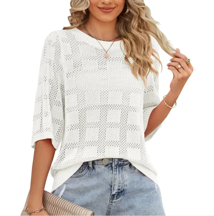 Women's Round Neck Hollowed Out Sun Protection Shirt Knitted Sweater Cover Up